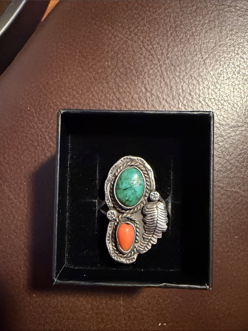 Native American Sterling Silver Ring with Turquoise and Coral Stones